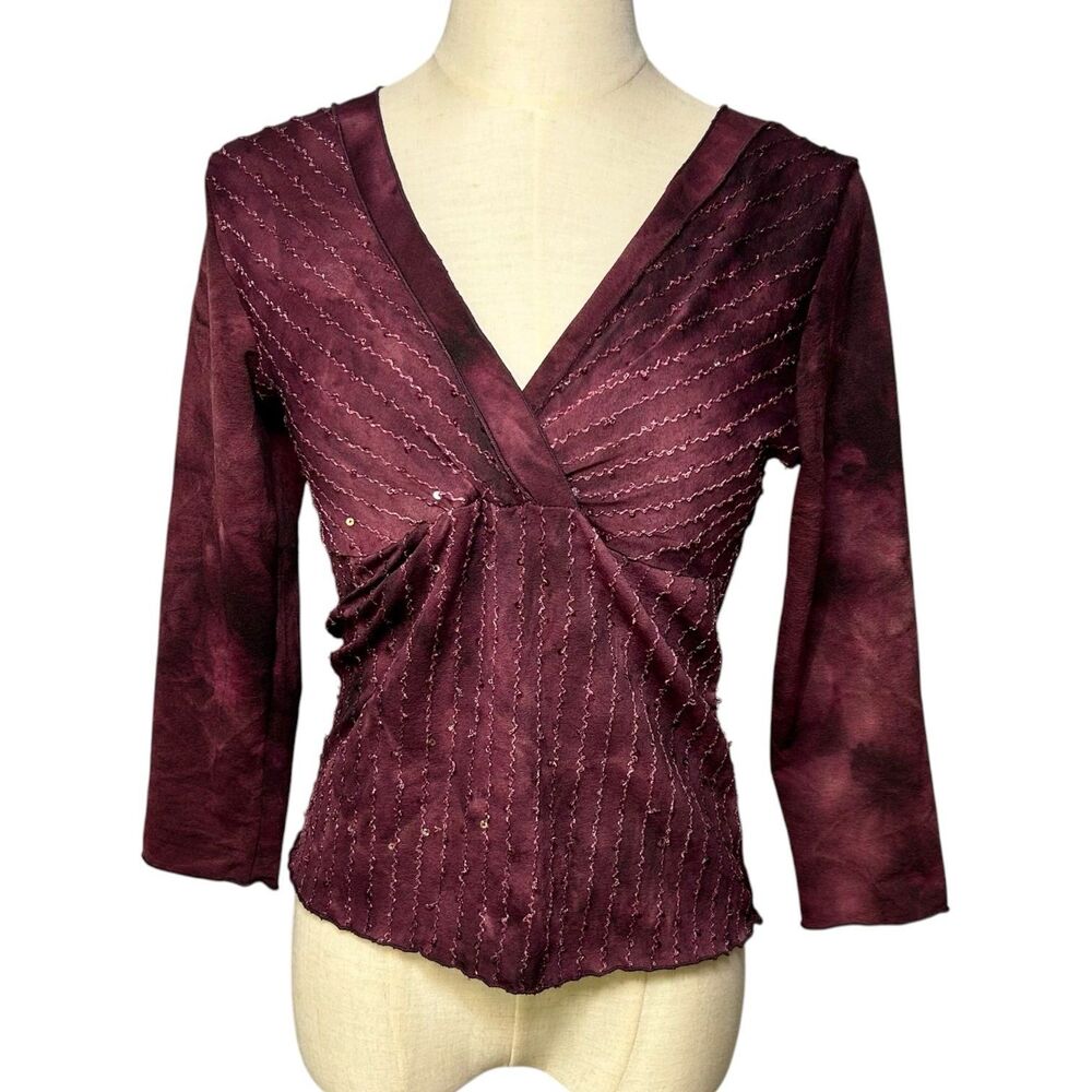 Y2K Burgundy Sequin Long Sleeve Top Sz M Witchy Fairycore Boho Romantic
